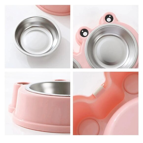 Pet Dog Food Feeder Double Bowl Stainless Steel Rounded Cute Cartoon Frog Style - Picture 3 of 7